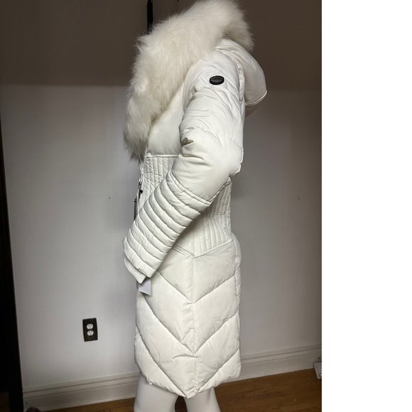 NEW Winter Faux Fur-Trimmed Vegan Leather Hooded Parka White  Puffer Jacket Coat - Picture 9 of 10